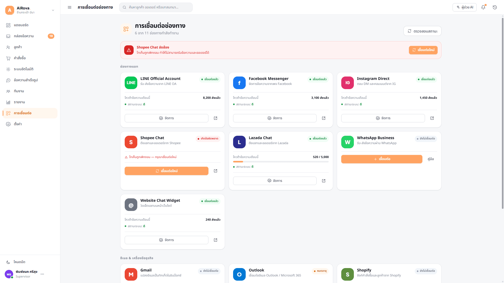 Channel integrations screen listing LINE Official Account, Facebook Messenger, Instagram Direct, Shopee, Lazada, WhatsApp and the website chat widget, each with a connection status.
